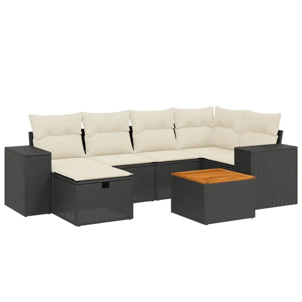 7 Piece Garden Sofa Set with Cushions Black Poly Rattan 3265172 - Furniture