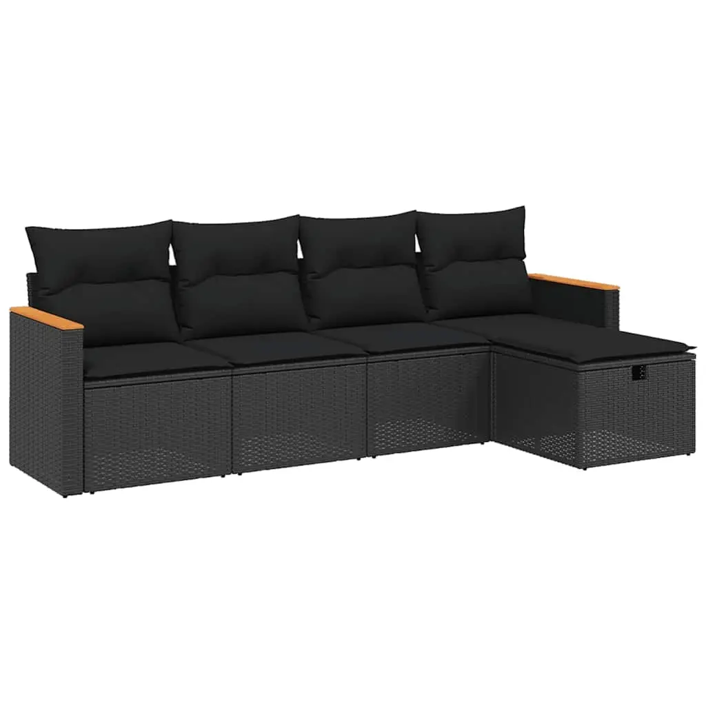 5 Piece Garden Sofa Set with Cushions Black Poly Rattan 3265283 - Furniture