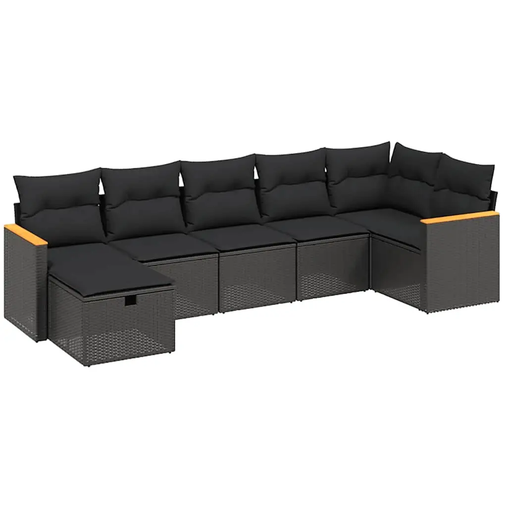 7 Piece Garden Sofa Set with Cushions Black Poly Rattan 3265311 - Furniture