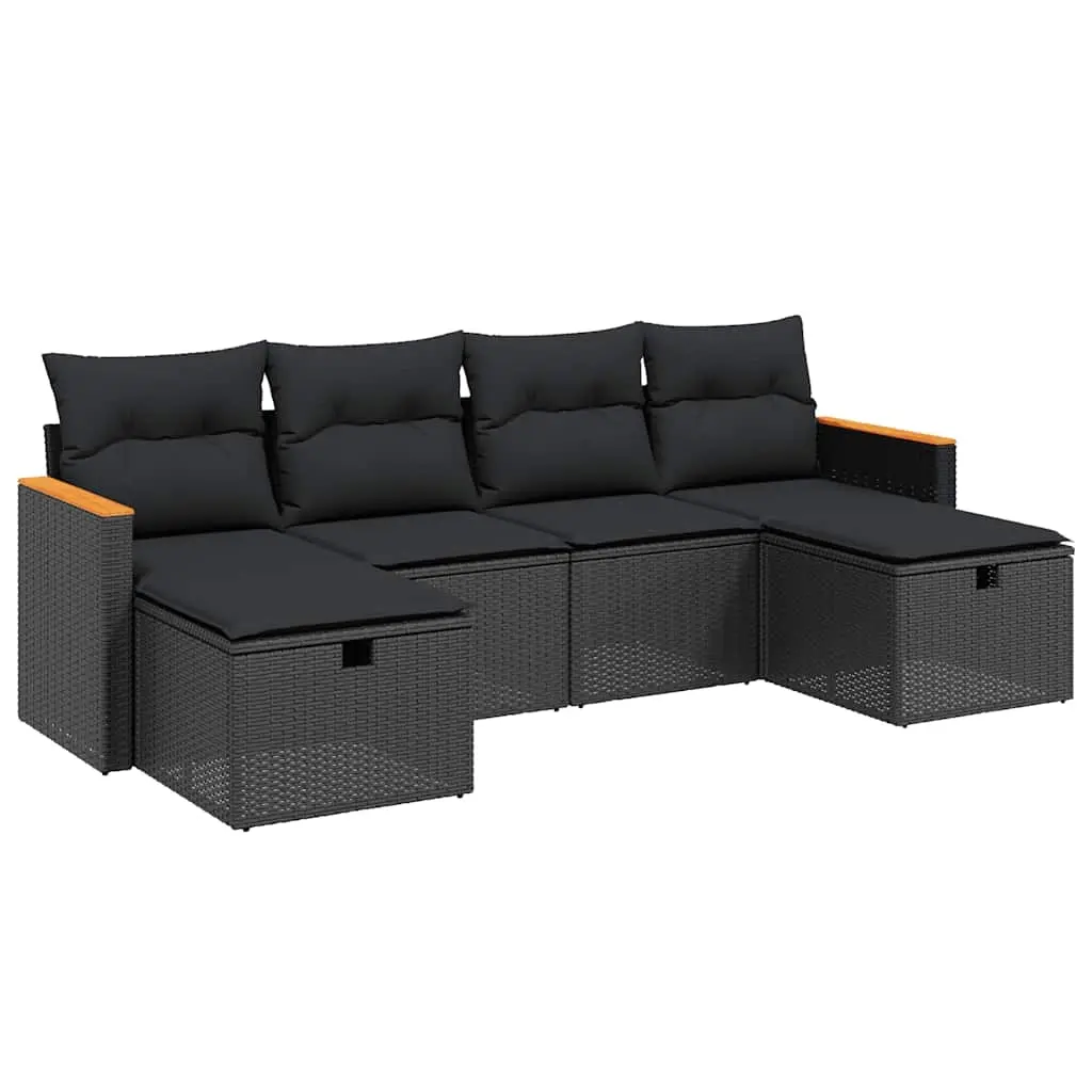 6 Piece Garden Sofa Set with Cushions Black Poly Rattan 3265339 - Furniture