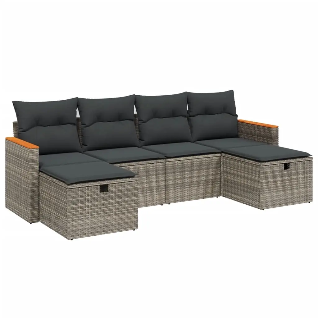 6 Piece Garden Sofa Set with Cushions Grey Poly Rattan 3265344 - Furniture