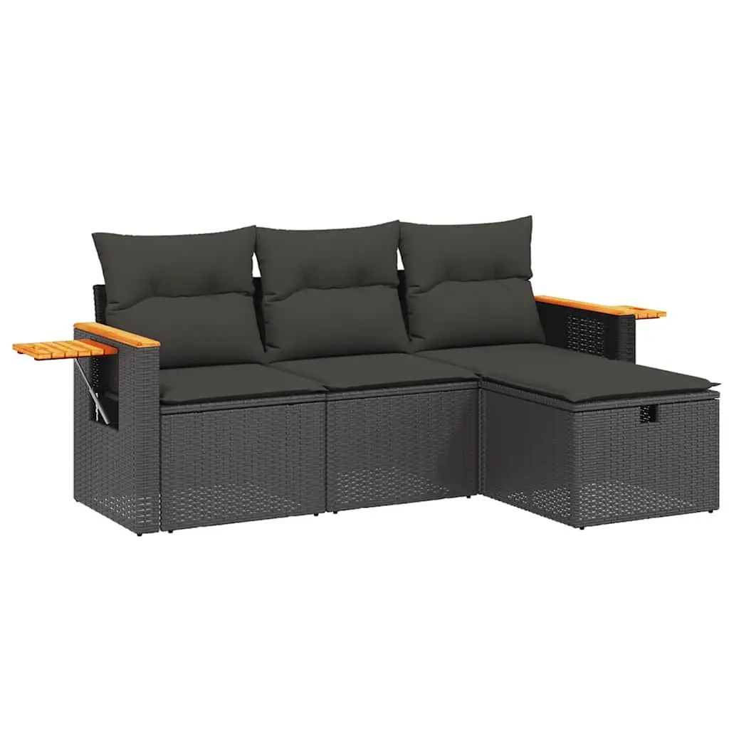 4 Piece Garden Sofa Set with Cushions Black Poly Rattan 3265486 - Furniture