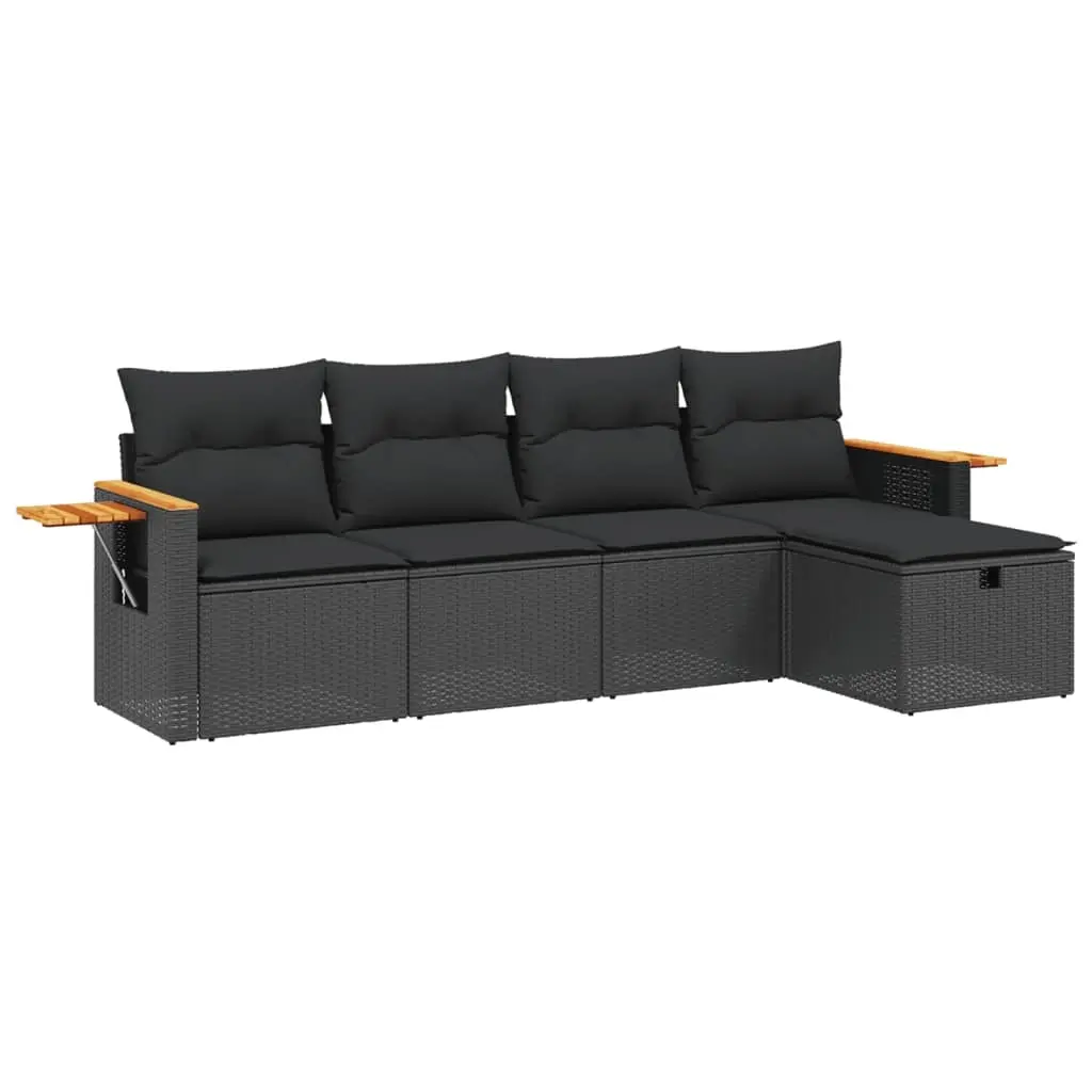 5 Piece Garden Sofa Set with Cushions Black Poly Rattan 3265500 - Furniture