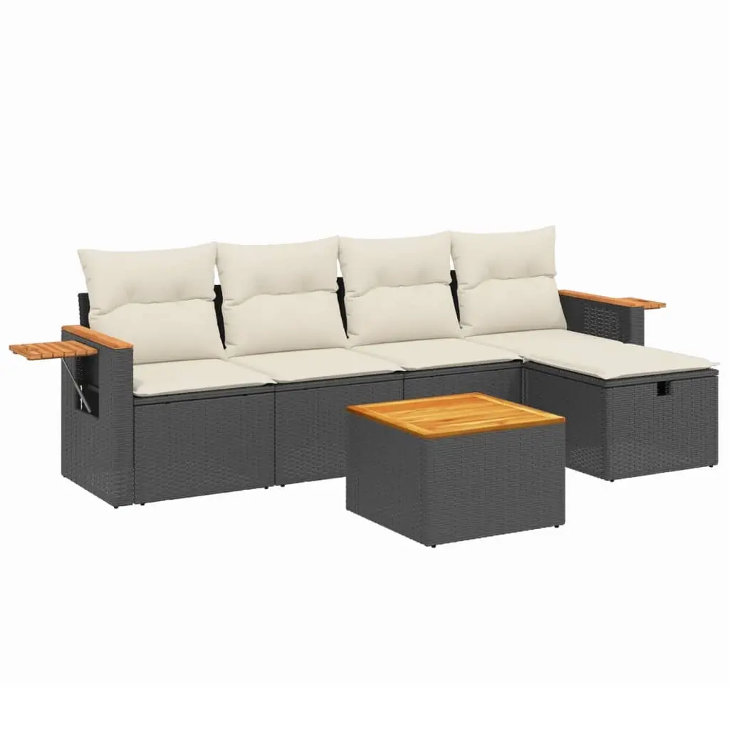 6 Piece Garden Sofa Set with Cushions Black Poly Rattan 3265508 - Furniture