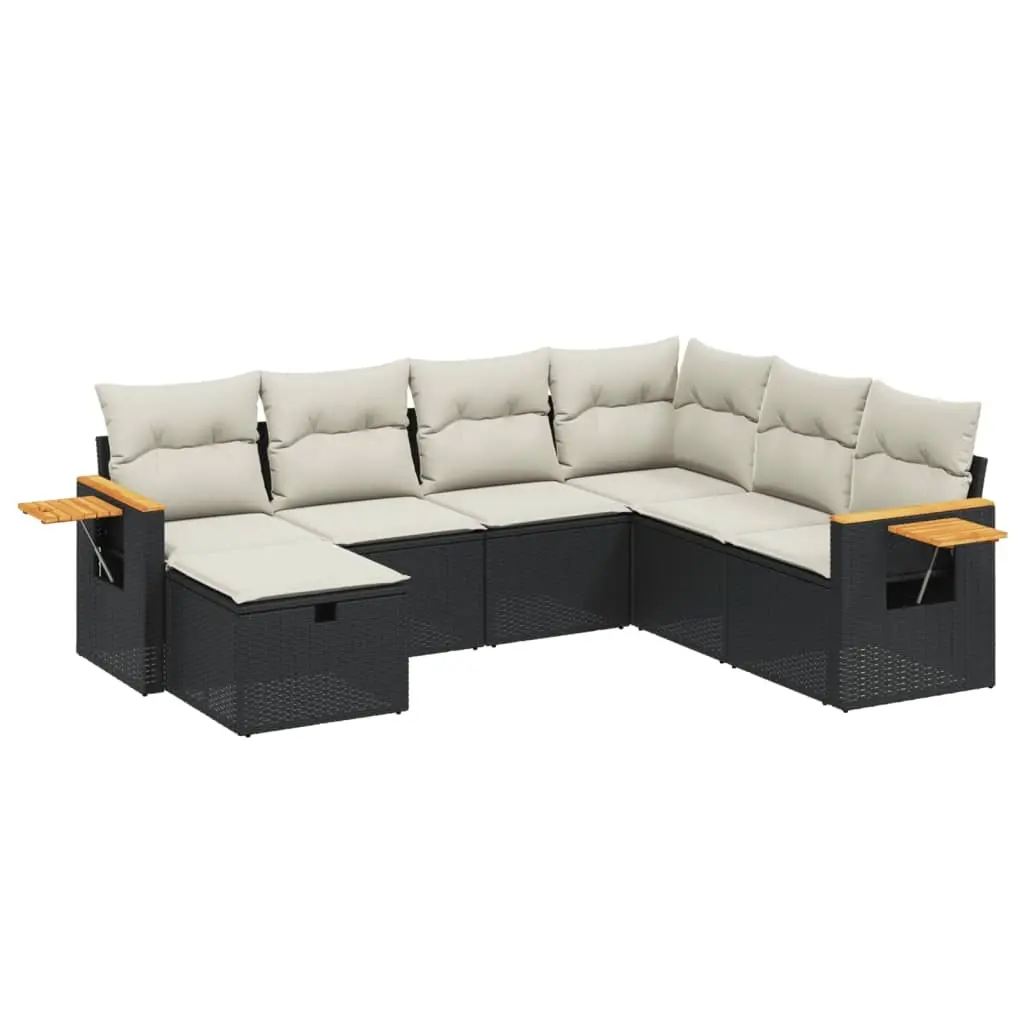 7 Piece Garden Sofa Set with Cushions Black Poly Rattan 3265543 - Furniture