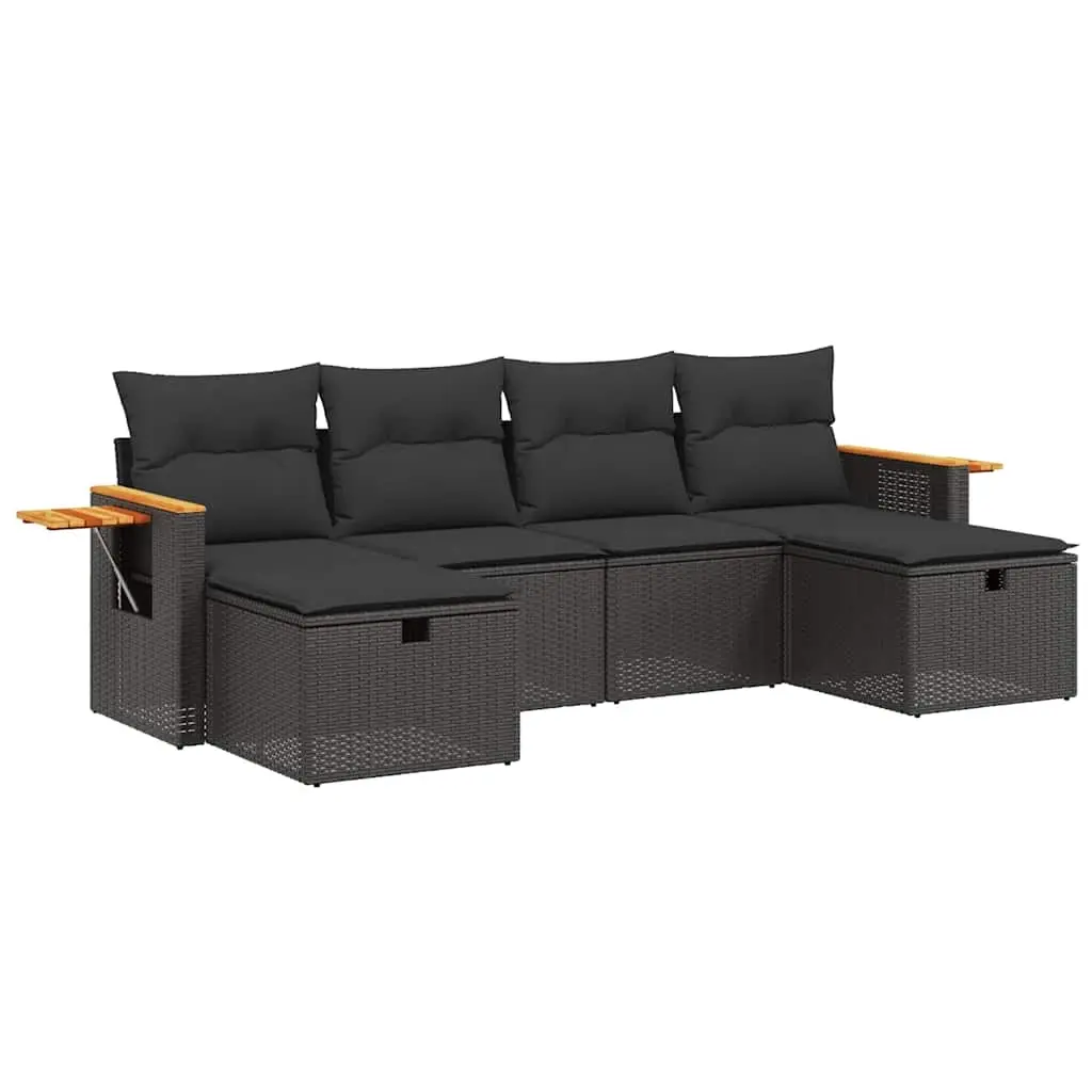 6 Piece Garden Sofa Set with Cushions Black Poly Rattan 3265556 - Furniture