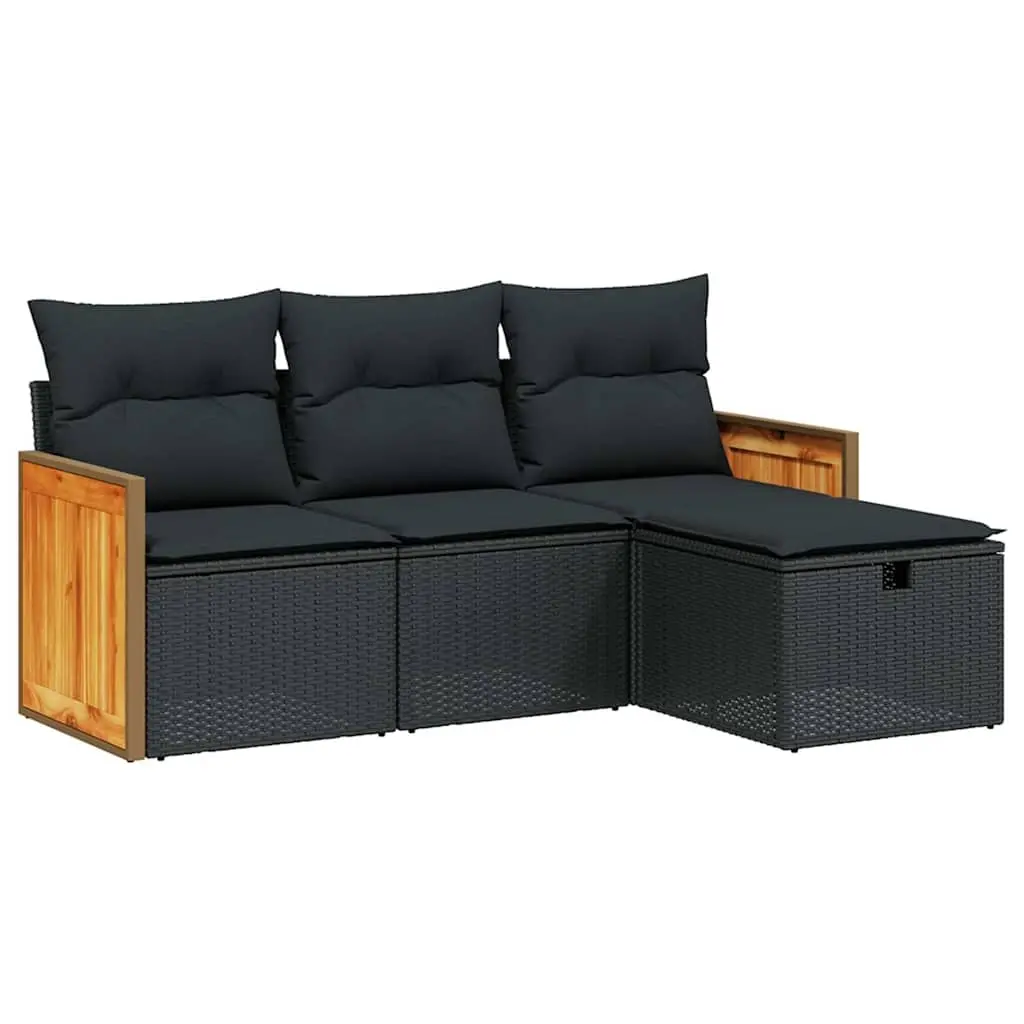 4 Piece Garden Sofa Set with Cushions Black Poly Rattan 3265703 - Furniture