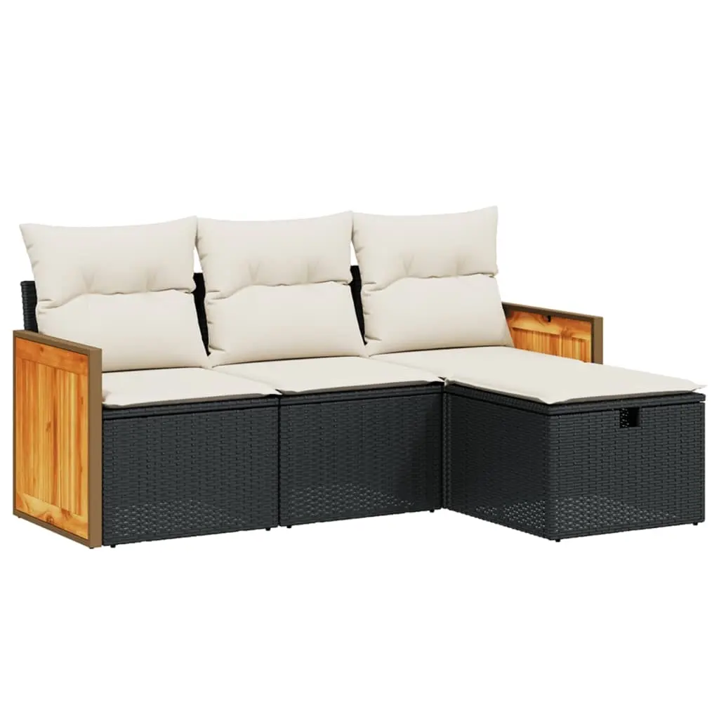 4 Piece Garden Sofa Set with Cushions Black Poly Rattan 3265704 - Furniture