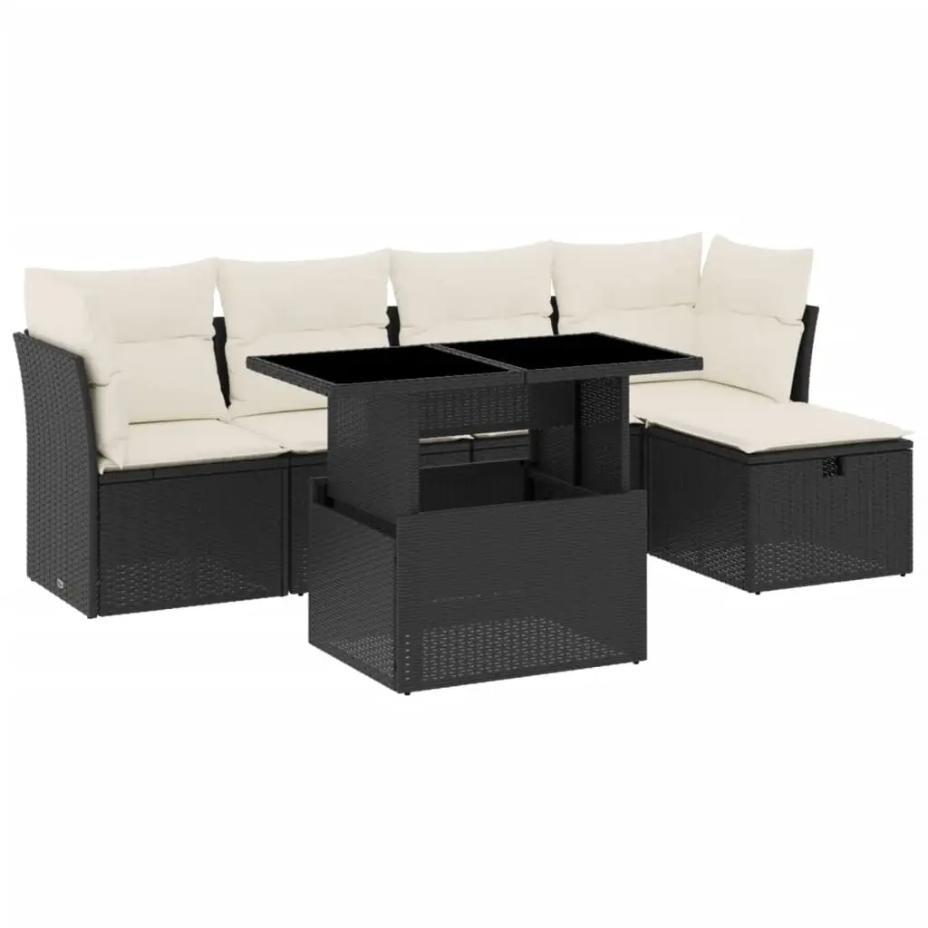 6 Piece Garden Sofa Set with Cushions Black Poly Rattan 3274636 - Furniture