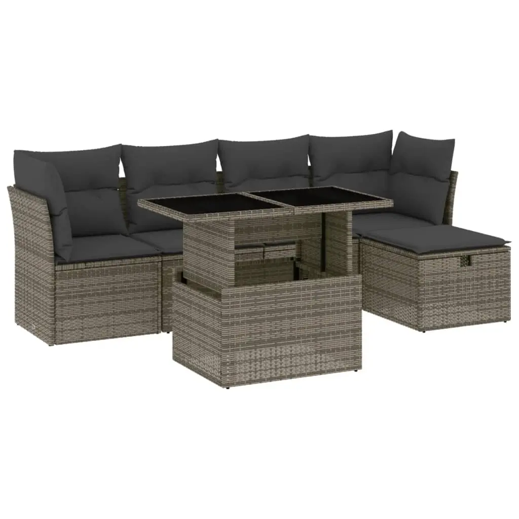 6 Piece Garden Sofa Set with Cushions Grey Poly Rattan 3274640 - Furniture