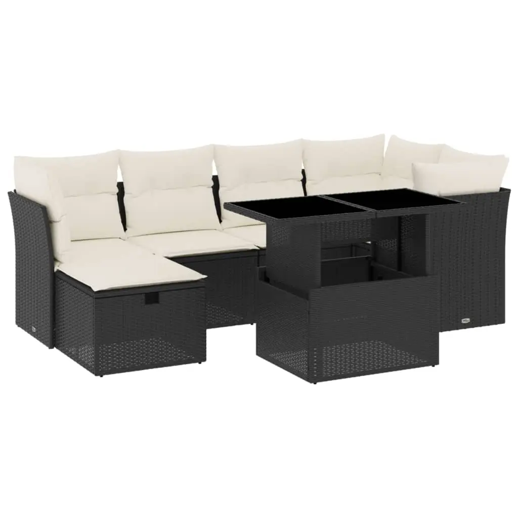 7 Piece Garden Sofa Set with Cushions Black Poly Rattan 3274656 - Furniture