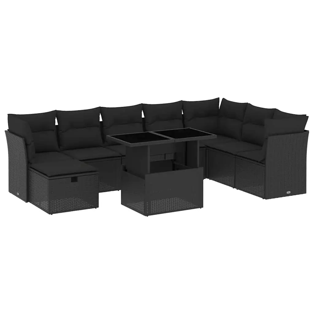 9 Piece Garden Sofa Set with Cushions Black Poly Rattan 3274705 - Furniture
