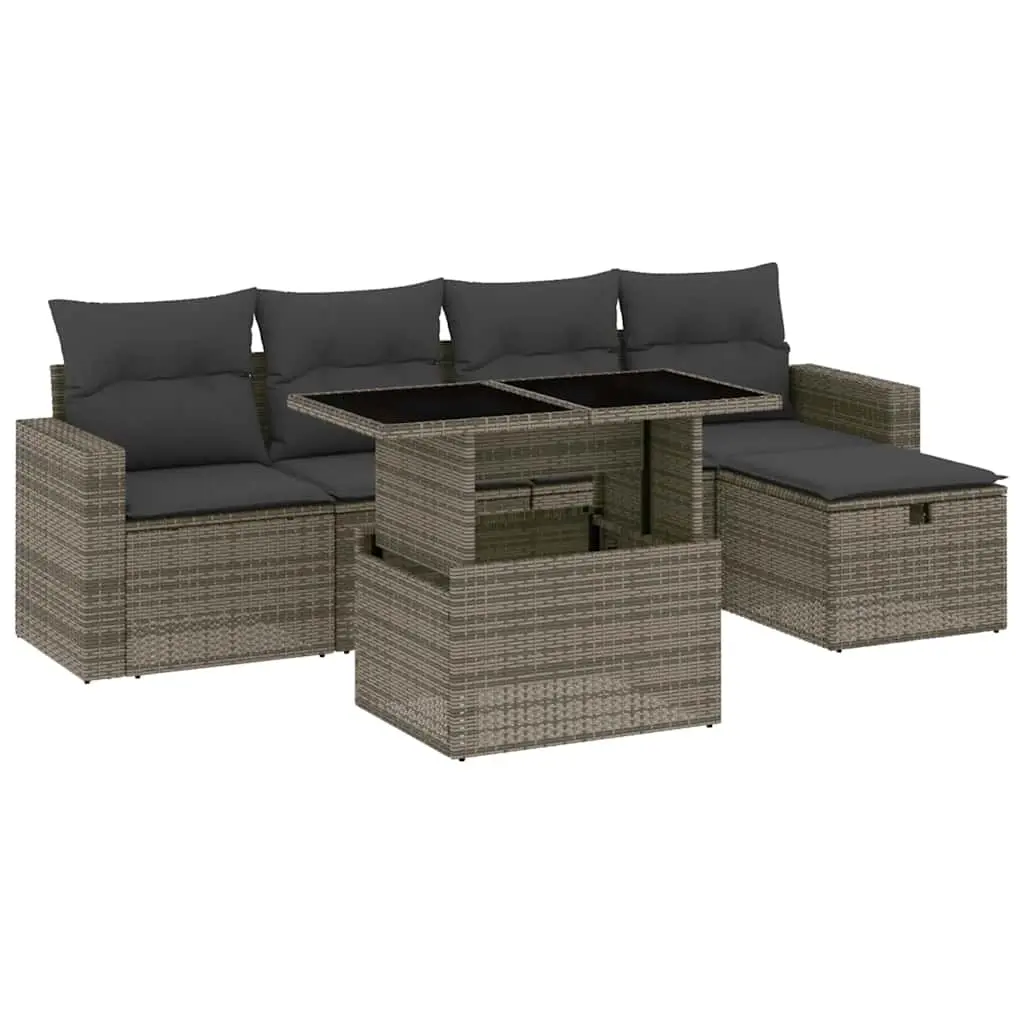 6 Piece Garden Sofa Set with Cushions Grey Poly Rattan 3274810 - Furniture