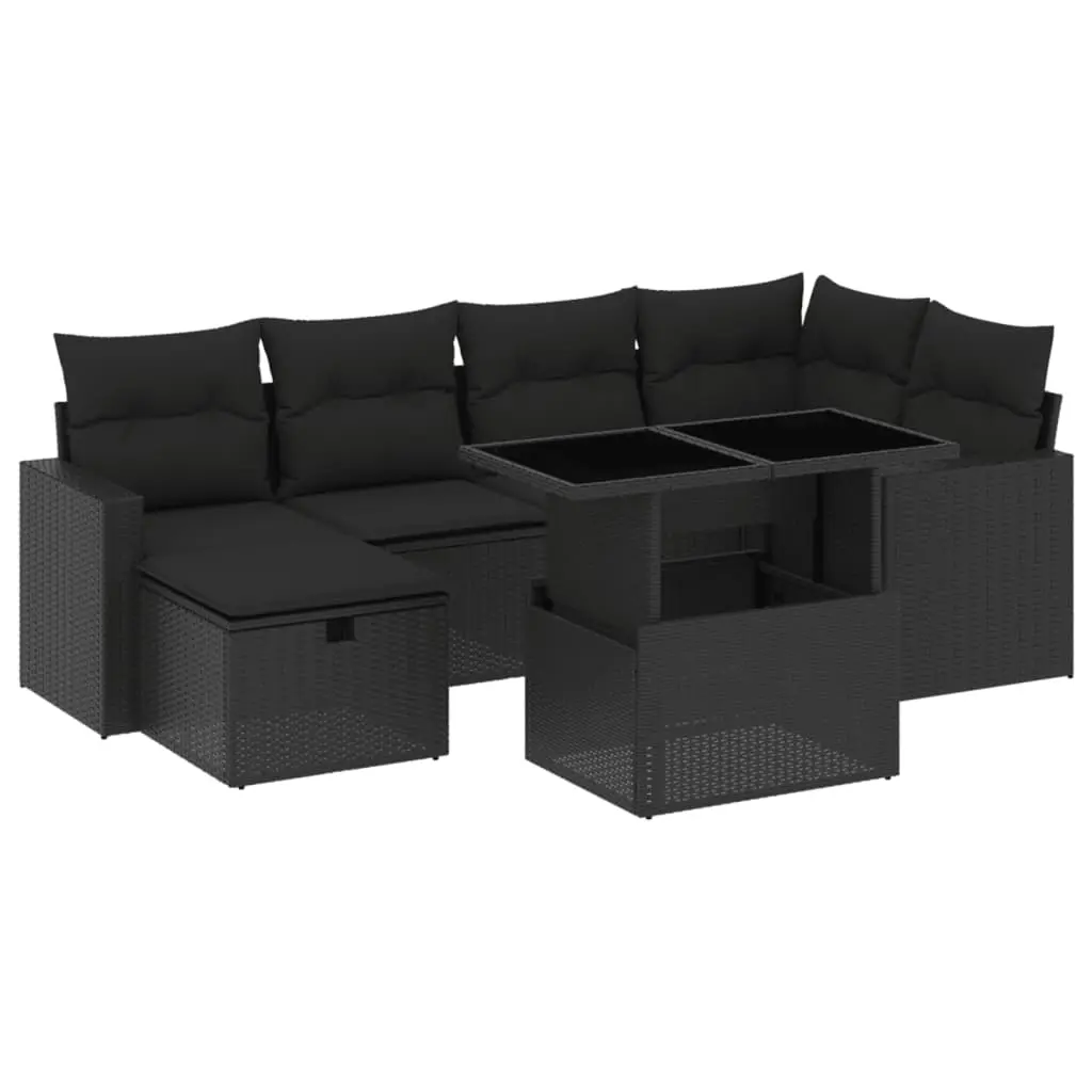 7 Piece Garden Sofa Set with Cushions Black Poly Rattan 3274815 - Furniture