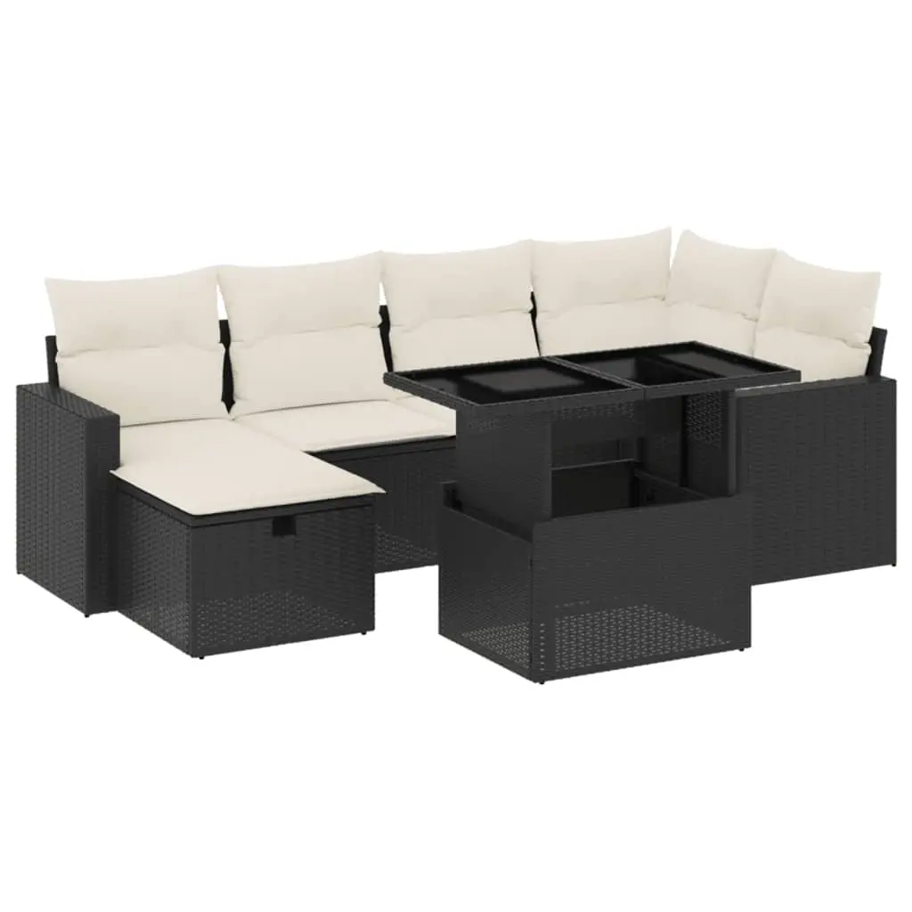 7 Piece Garden Sofa Set with Cushions Black Poly Rattan 3274816 - Furniture