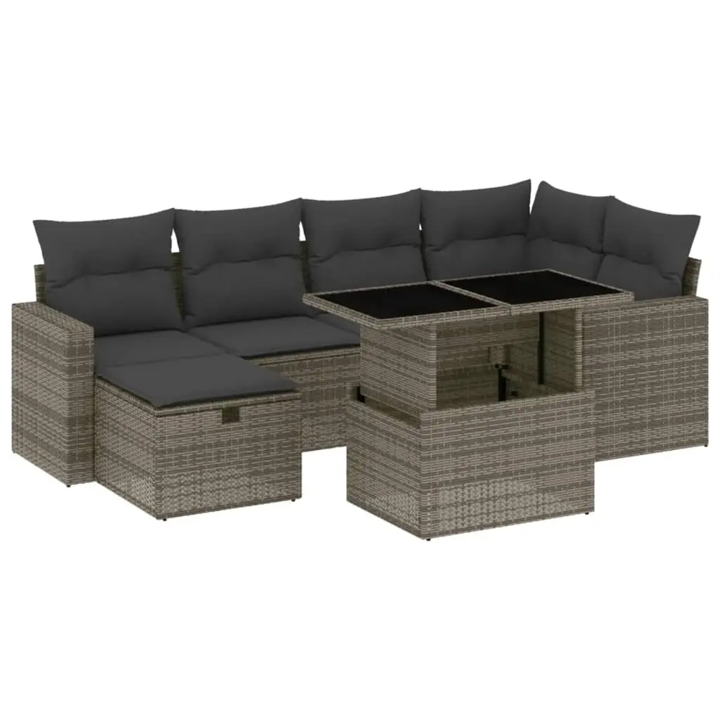 7 Piece Garden Sofa Set with Cushions Grey Poly Rattan 3274820 - Furniture