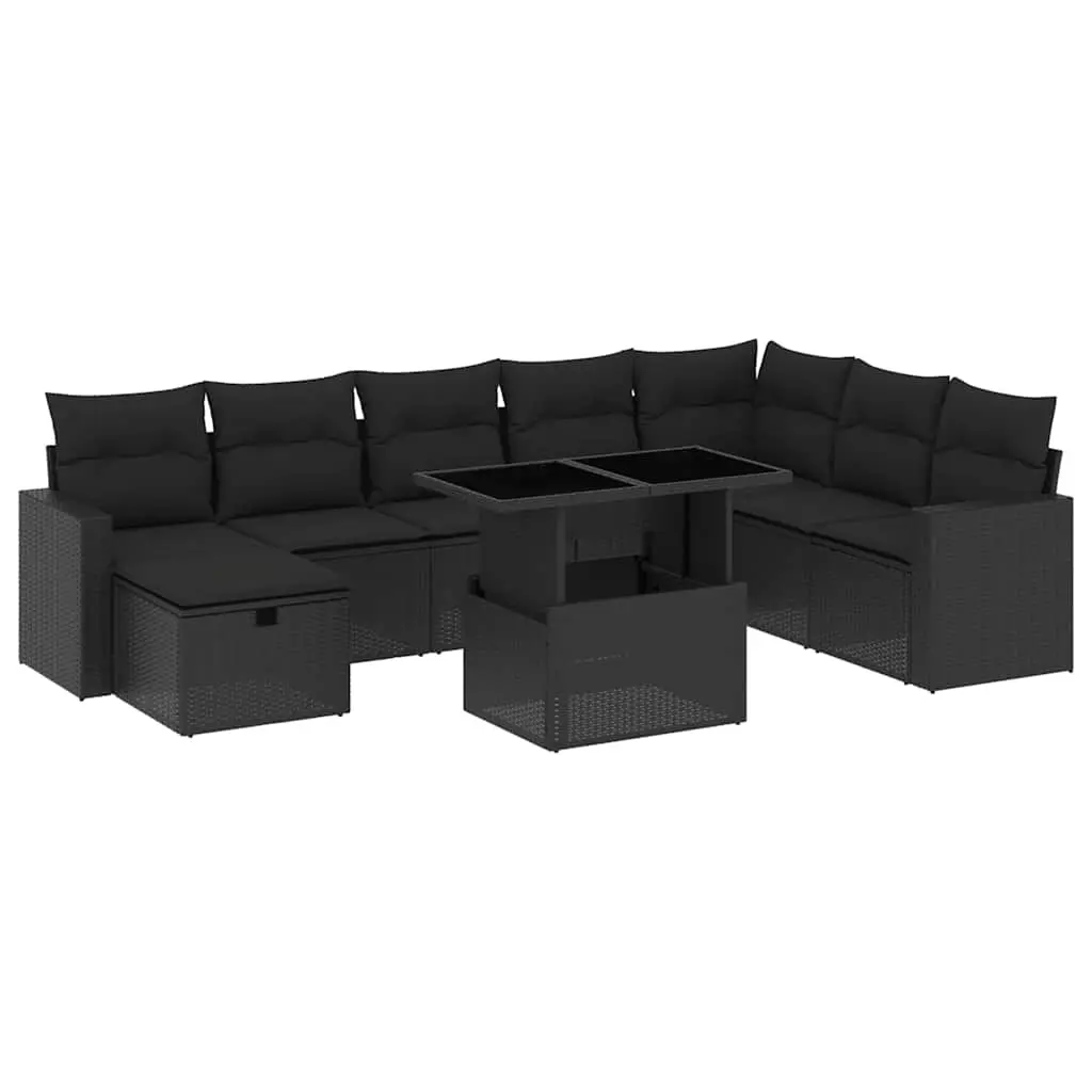 9 Piece Garden Sofa Set with Cushions Black Poly Rattan 3274865 - Furniture