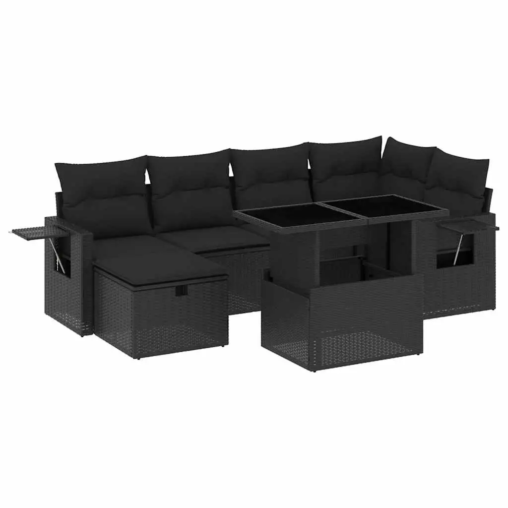 7 Piece Garden Sofa Set with Cushions Black Poly Rattan 3274975 - Furniture