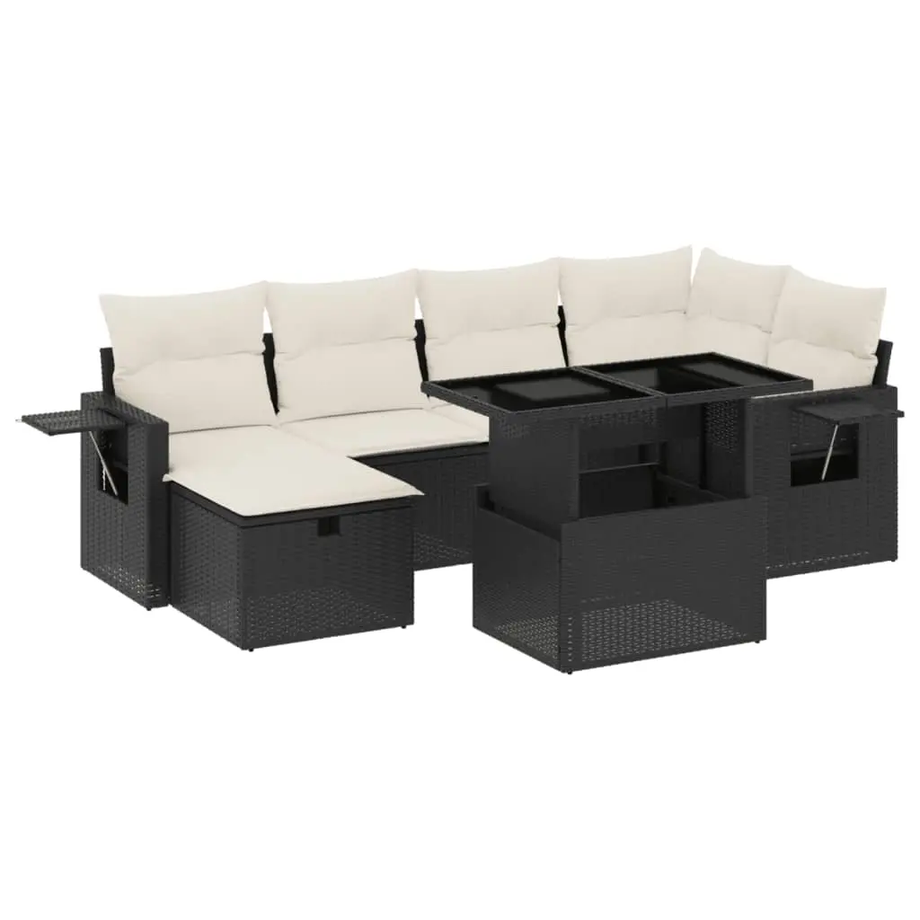 7 Piece Garden Sofa Set with Cushions Black Poly Rattan 3274976 - Furniture