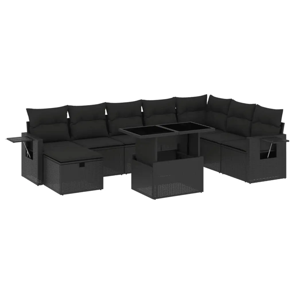 9 Piece Garden Sofa Set with Cushions Black Poly Rattan 3275025 - Furniture
