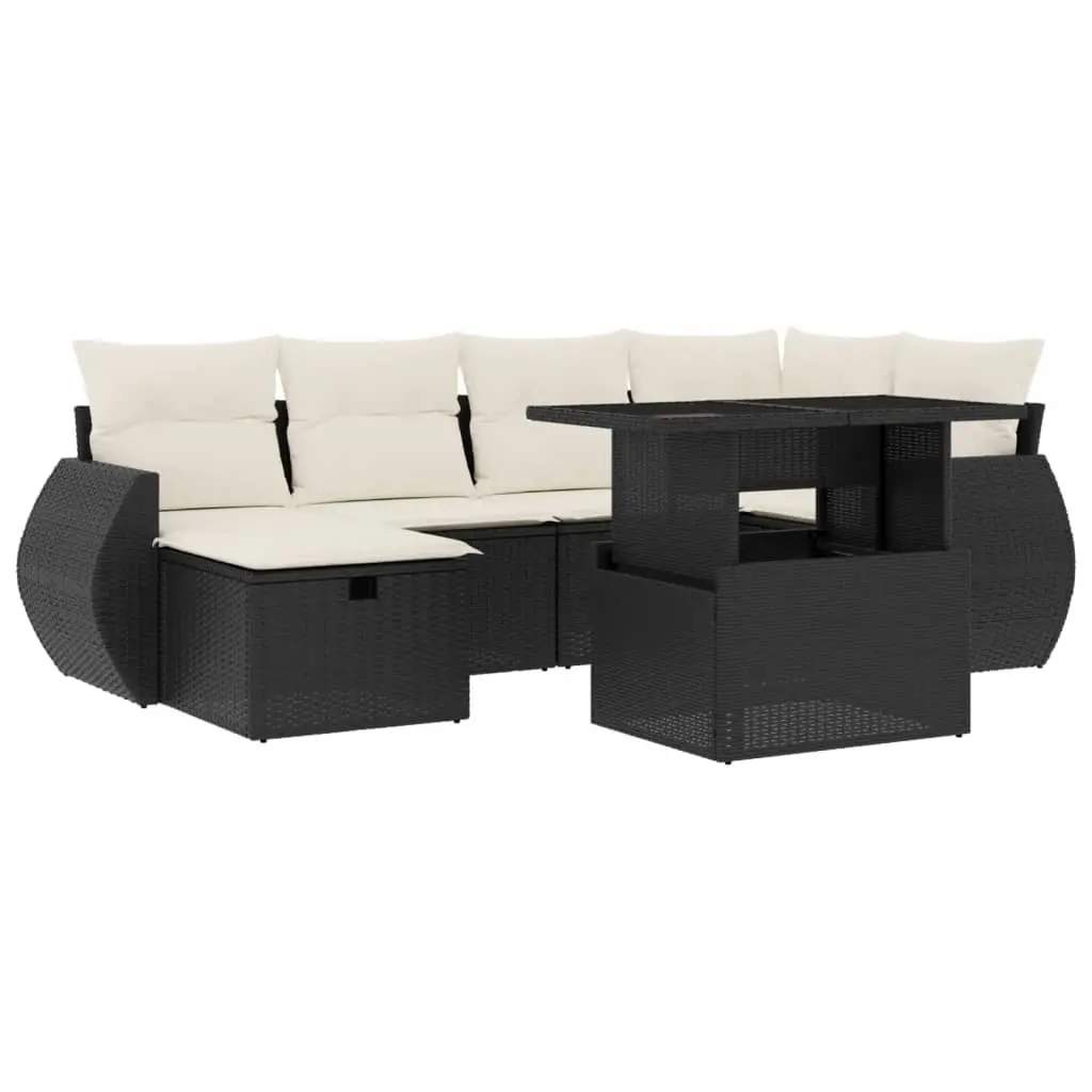 7 Piece Garden Sofa Set with Cushions Black Poly Rattan 3275136 - Furniture