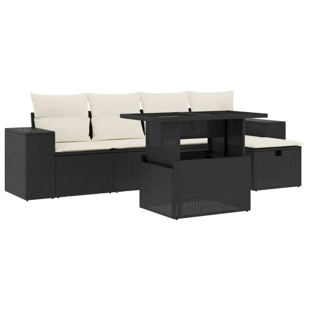 6 Piece Garden Sofa Set with Cushions Black Poly Rattan 3275286 - Furniture