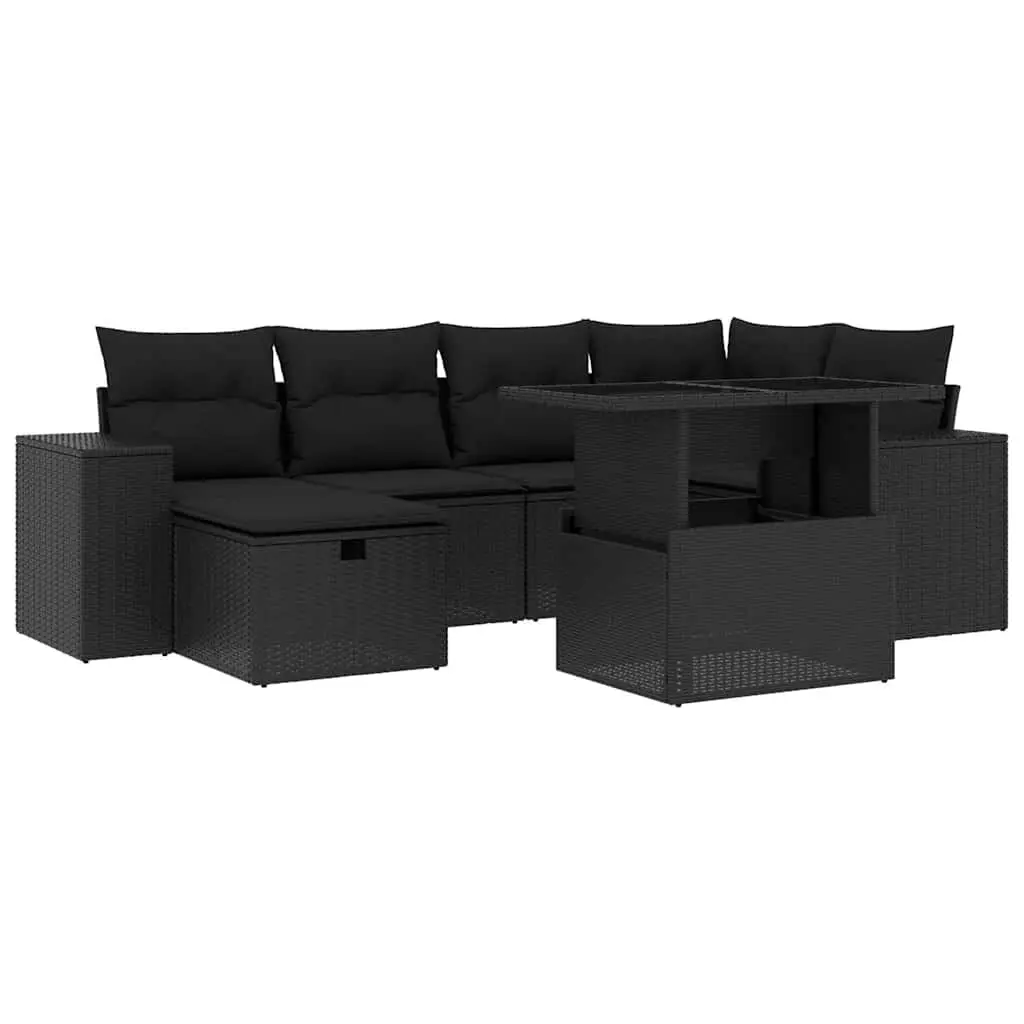 7 Piece Garden Sofa Set with Cushions Black Poly Rattan 3275295 - Furniture