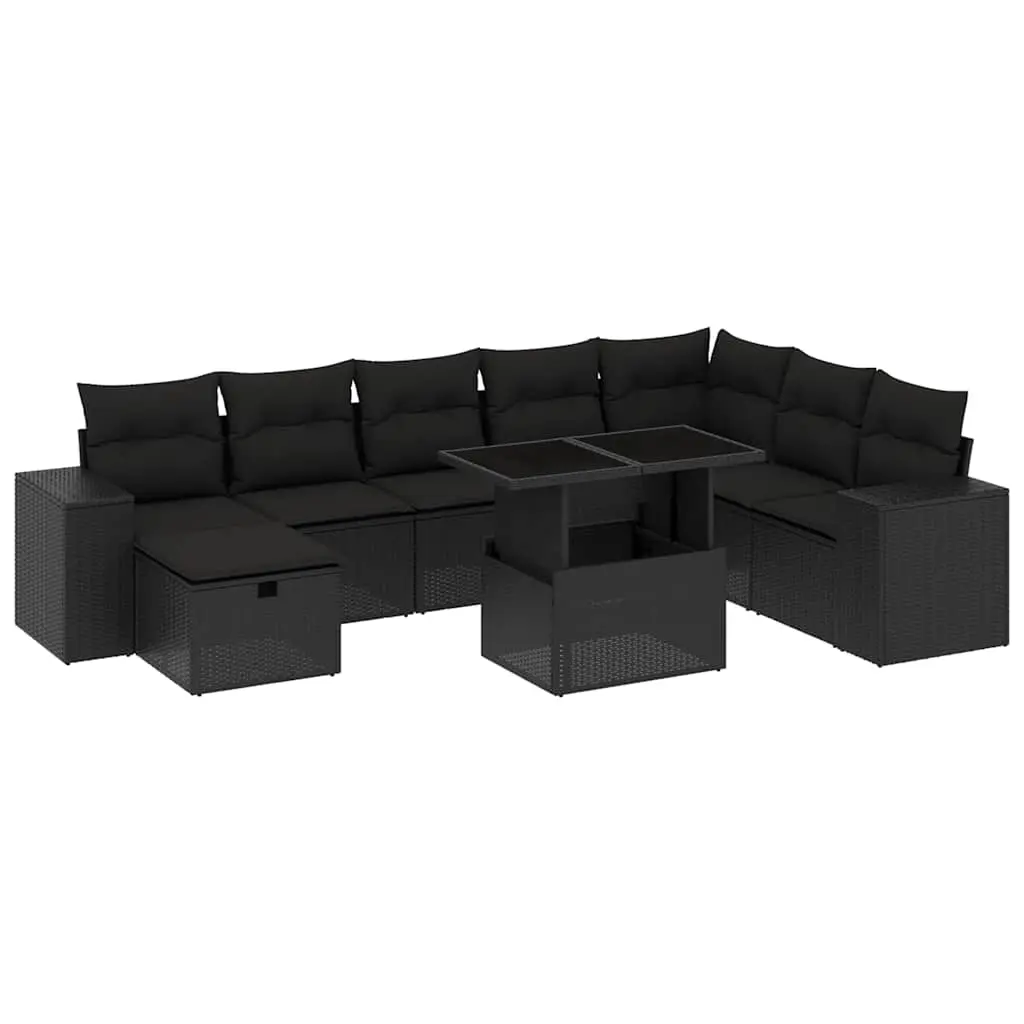 9 Piece Garden Sofa Set with Cushions Black Poly Rattan 3275345 - Furniture