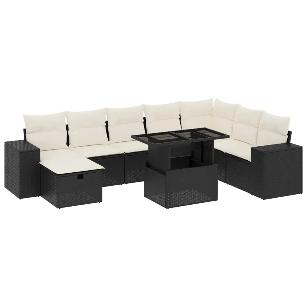9 Piece Garden Sofa Set with Cushions Black Poly Rattan 3275346 - Furniture