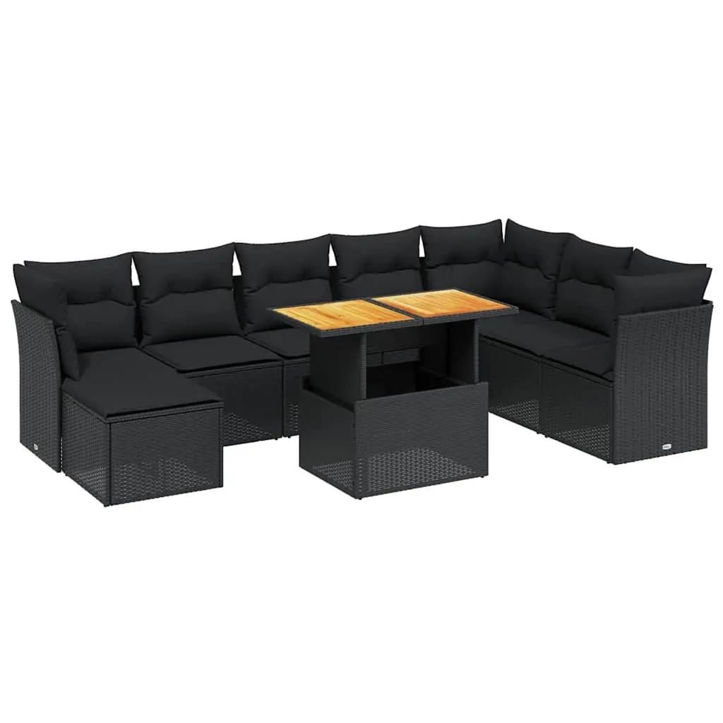 9 Piece Garden Sofa Set with Cushions Black Poly Rattan 3275512 - Furniture