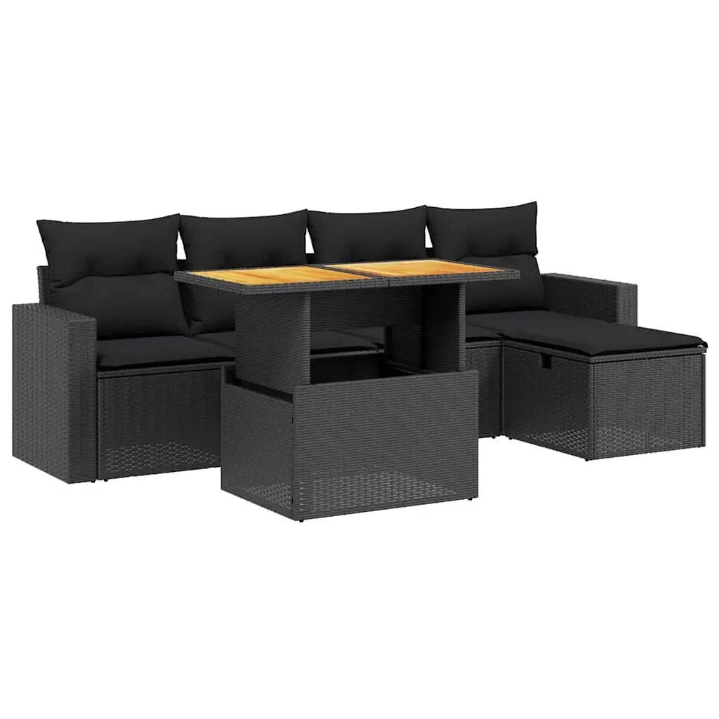 6 Piece Garden Sofa Set with Cushions Black Poly Rattan 3275582 - Furniture