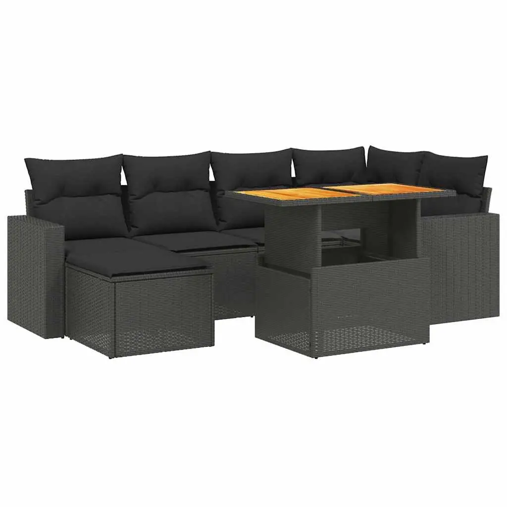7 Piece Garden Sofa Set with Cushions Black Poly Rattan 3275589 - Furniture