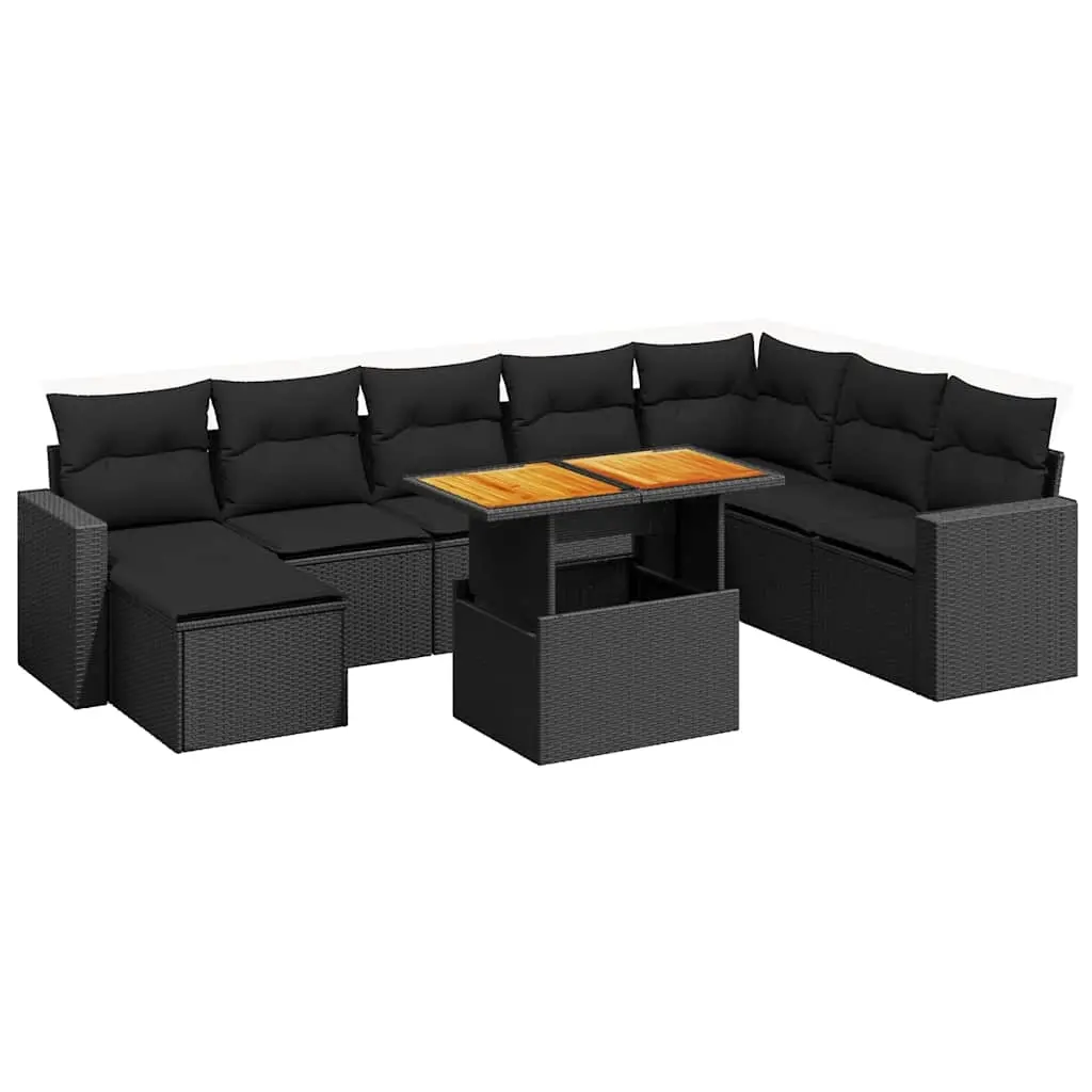 9 Piece Garden Sofa Set with Cushions Black Poly Rattan 3275624 - Furniture