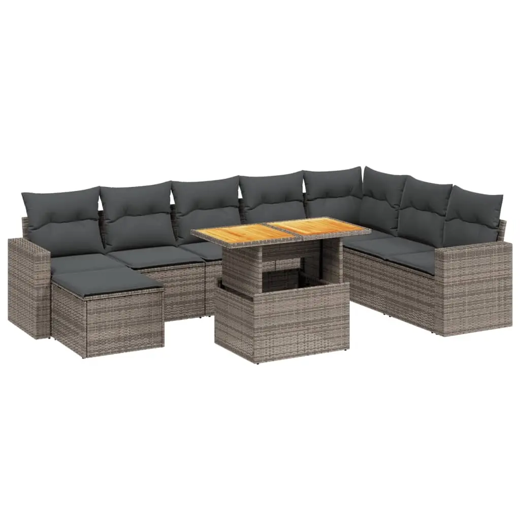 9 Piece Garden Sofa Set with Cushions Grey Poly Rattan 3275629 - Furniture