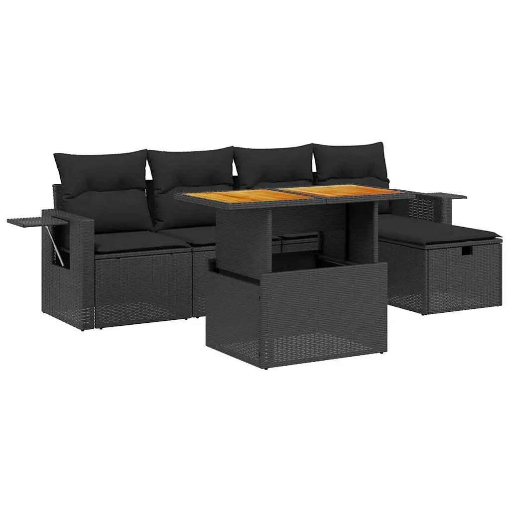 6 Piece Garden Sofa Set with Cushions Black Poly Rattan 3275694 - Furniture