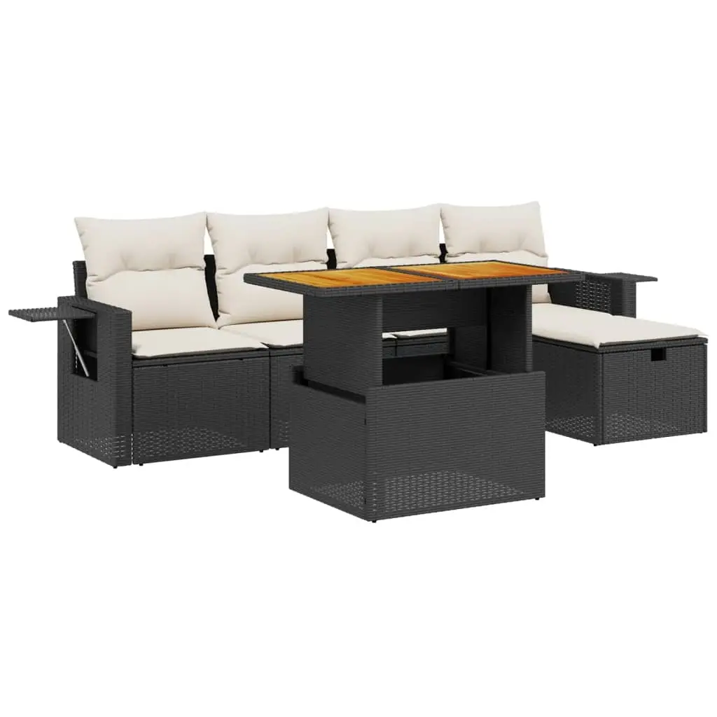 6 Piece Garden Sofa Set with Cushions Black Poly Rattan 3275695 - Furniture