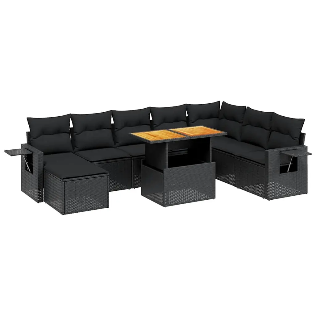 9 Piece Garden Sofa Set with Cushions Black Poly Rattan 3275736 - Furniture
