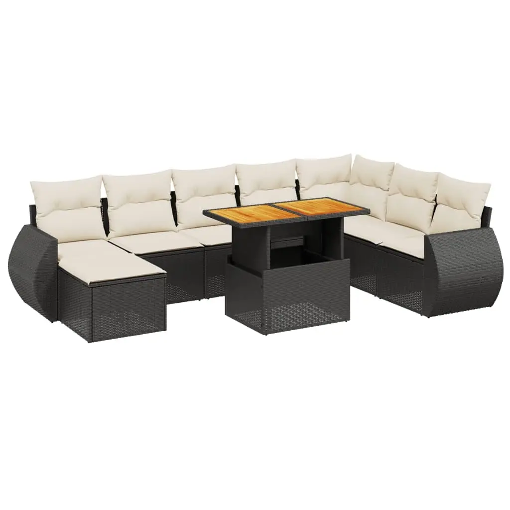 9 Piece Garden Sofa Set with Cushions Black Poly Rattan 3275849 - Furniture
