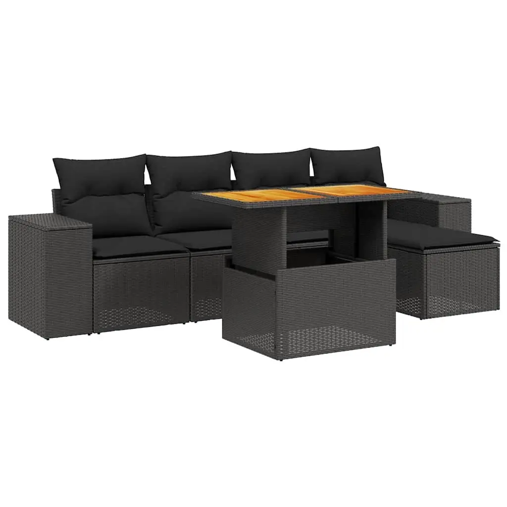 6 Piece Garden Sofa Set with Cushions Black Poly Rattan 3275918 - Furniture