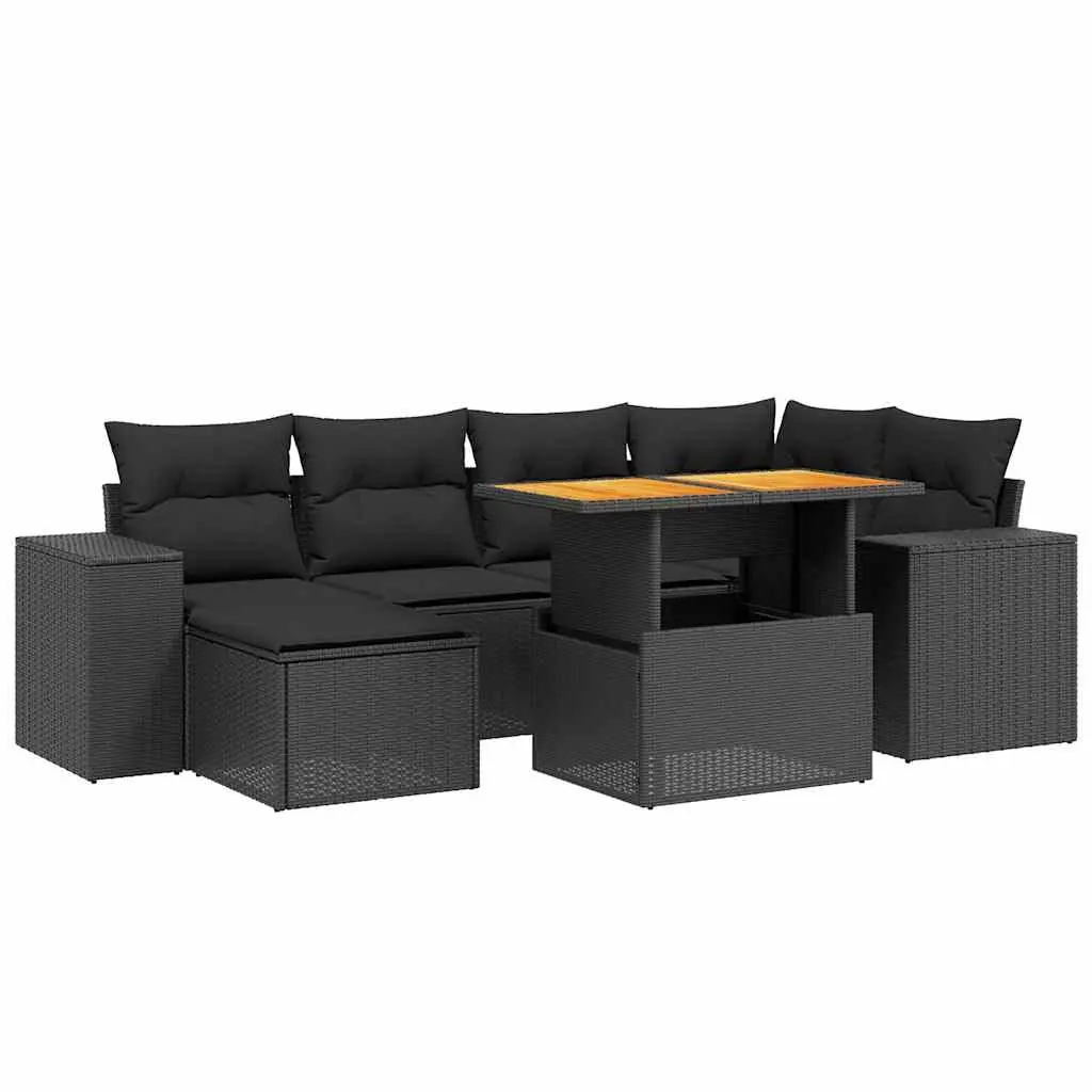 7 Piece Garden Sofa Set with Cushions Black Poly Rattan 3275925 - Furniture