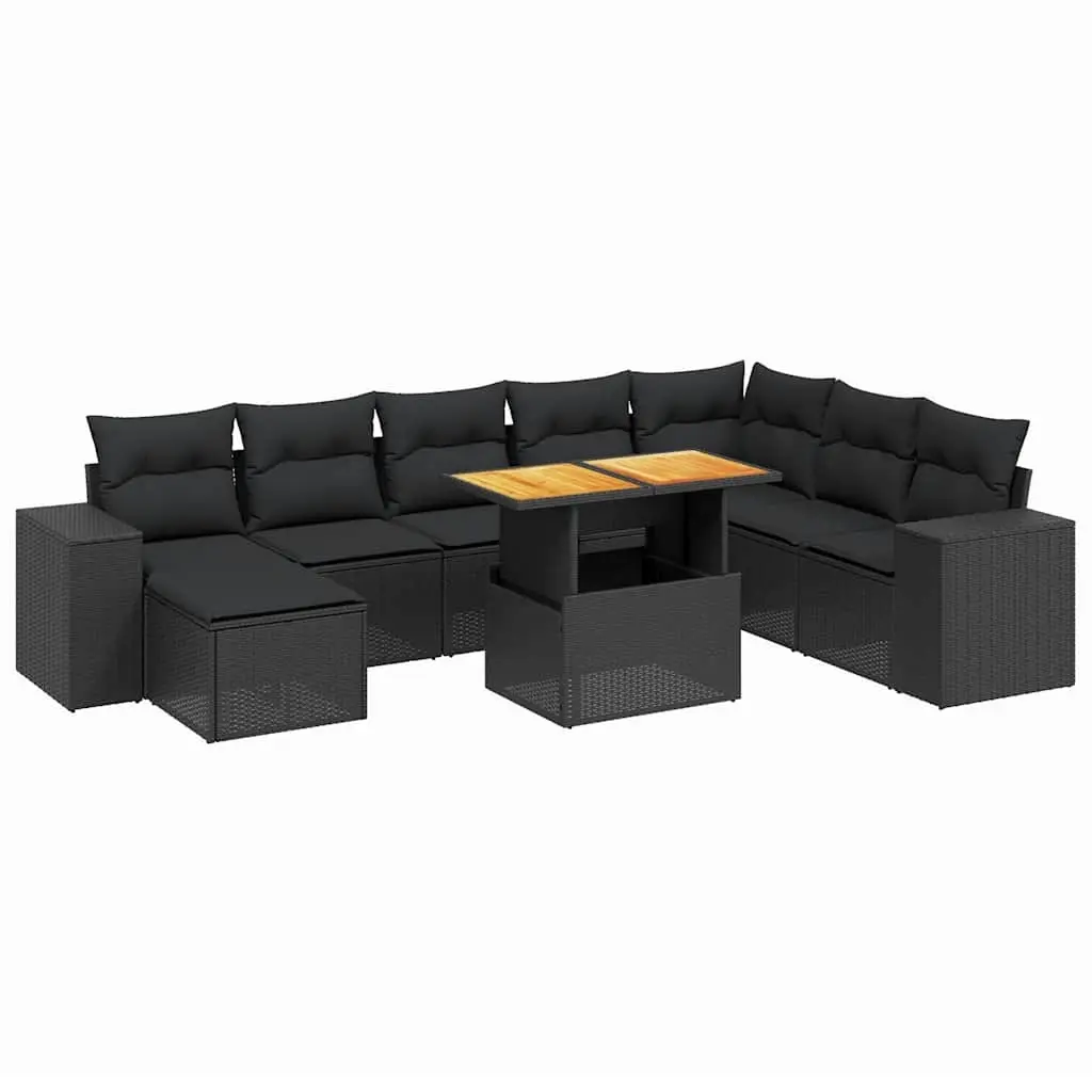 9 Piece Garden Sofa Set with Cushions Black Poly Rattan 3275960 - Furniture