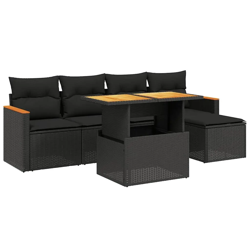 6 Piece Garden Sofa Set with Cushions Black Poly Rattan 3276030 - Furniture