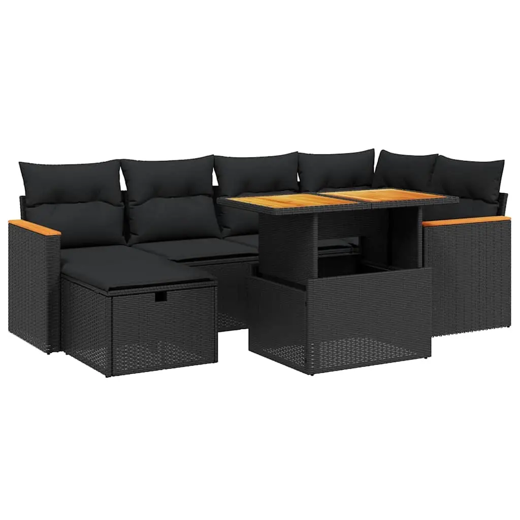 7 Piece Garden Sofa Set with Cushions Black Poly Rattan 3276037 - Furniture