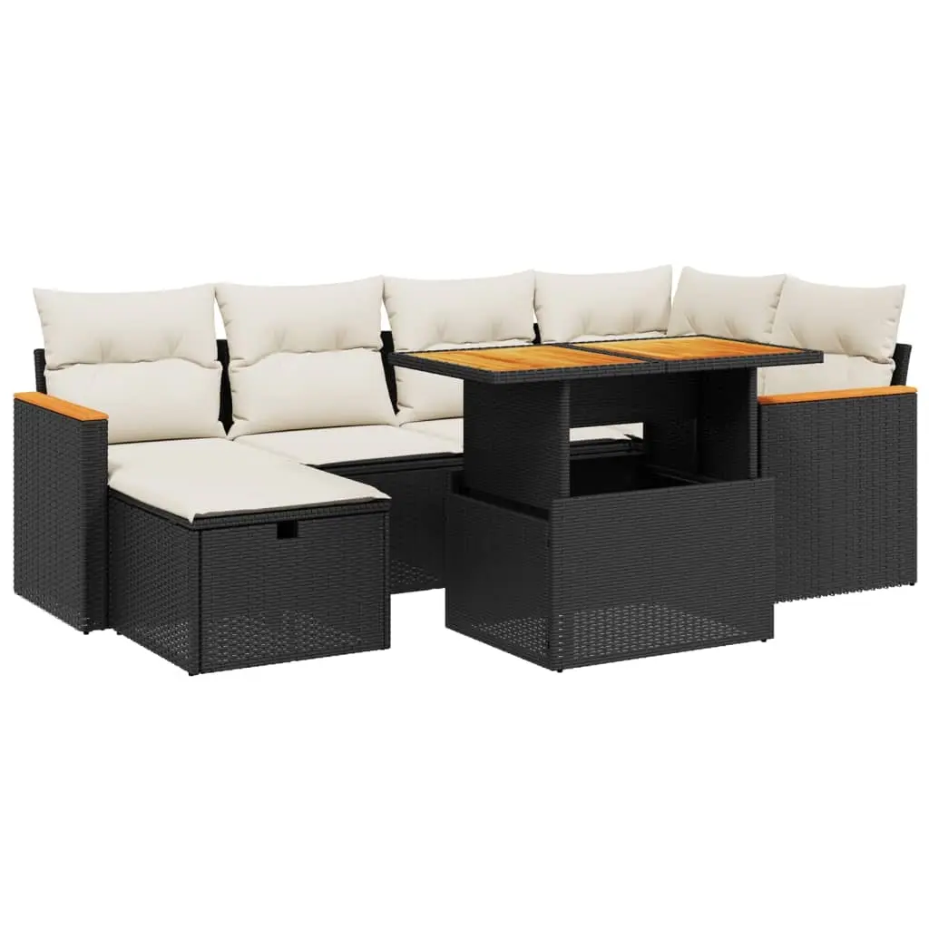 7 Piece Garden Sofa Set with Cushions Black Poly Rattan 3276038 - Furniture