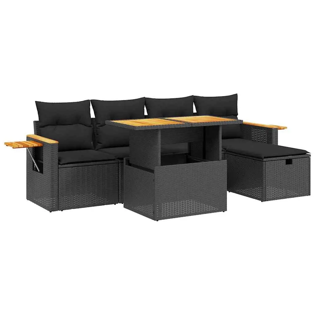 6 Piece Garden Sofa Set with Cushions Black Poly Rattan 3276135 - Furniture