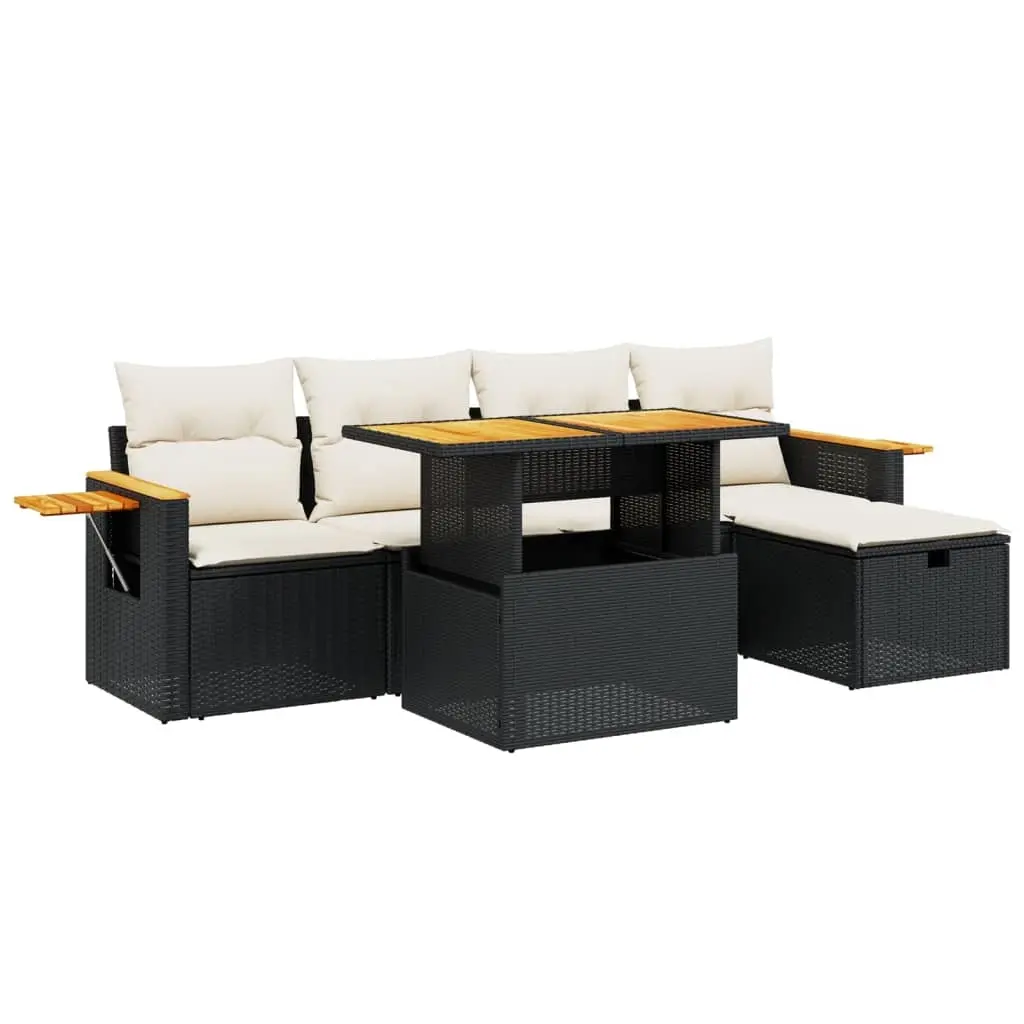 6 Piece Garden Sofa Set with Cushions Black Poly Rattan 3276136 - Furniture