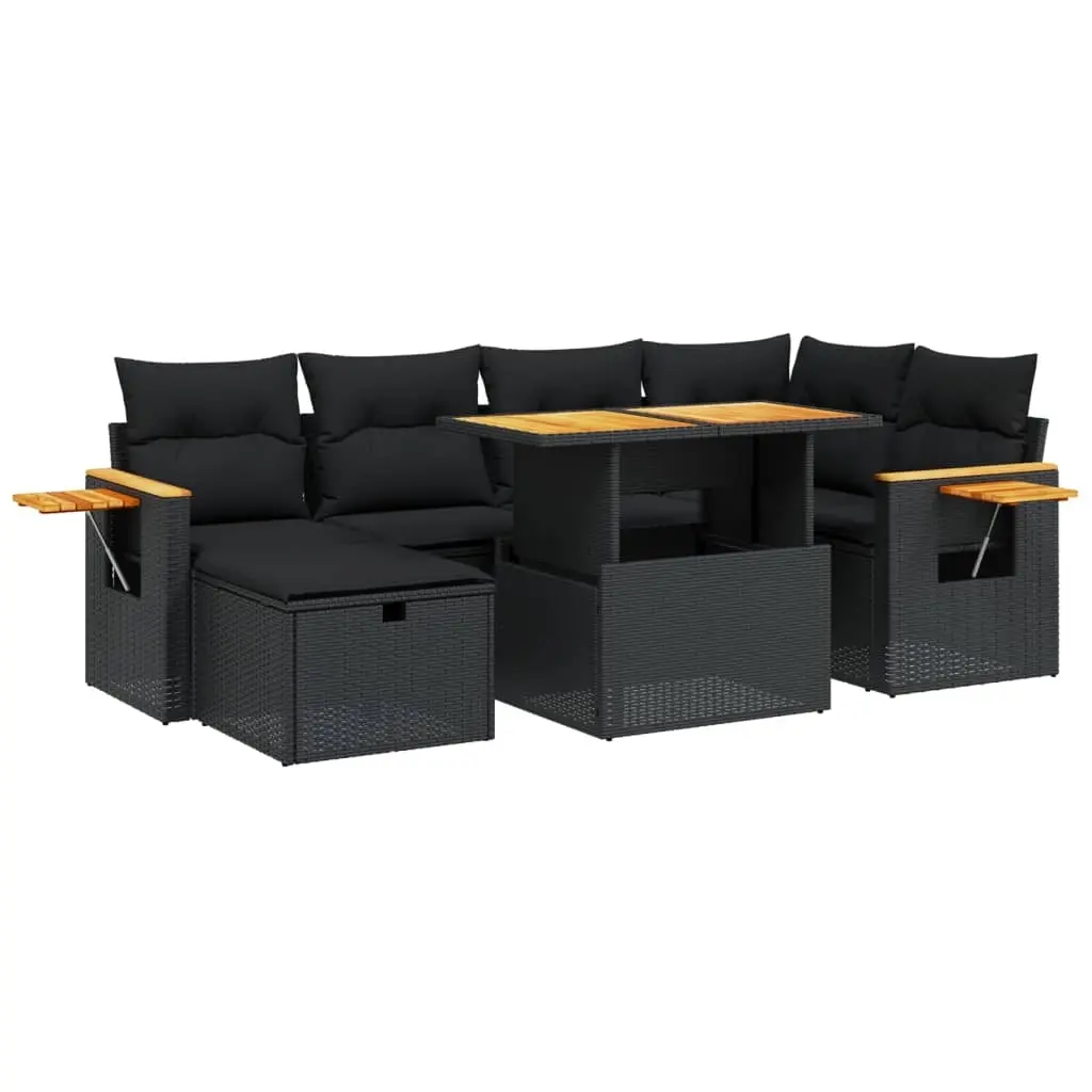 7 Piece Garden Sofa Set with Cushions Black Poly Rattan 3276142 - Furniture