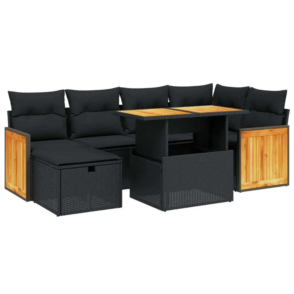 7 Piece Garden Sofa Set with Cushions Black Poly Rattan 3276247 - Furniture