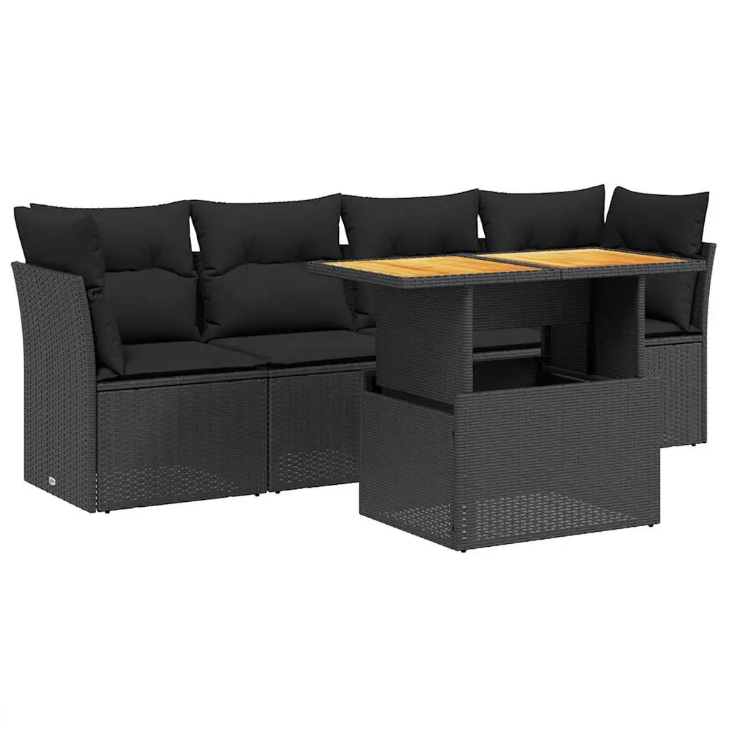 5 Piece Garden Sofa Set with Cushions Black Poly Rattan 3270663 - Furniture