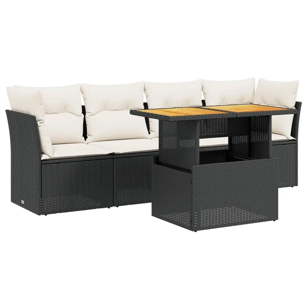 5 Piece Garden Sofa Set with Cushions Black Poly Rattan 3270664 - Furniture